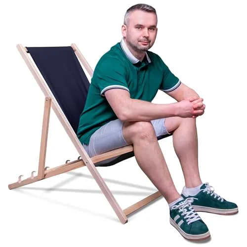 DreamRoots Liegestuhl Klappbar Holz aus Buchenholz, bis 130 kg belastbar, 3-Fach verstellbare Rückenlehne, waschbarer Polyesterbezug