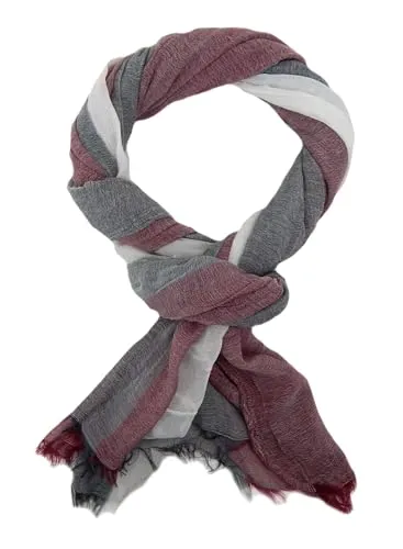 Ella Jonte Herren Schal – Leichter breiter Baumwoll-Viskose Schal mit Blockstreifen – Weicher Herrenschal mit Fransen – Frühling Sommer Herbst – 210 x 100 cm – Blau Beige Weiß/Grau/Rot