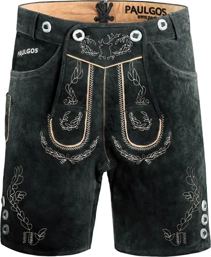 PAULGOS Herren Trachten Lederhose Kurz - HK1 - Echtes Rindsveloursleder - Größe 44-60 - Grau - 52 - Die PAULGOS Trachtenlederhose HK1 vereint Tradition und Stil. Handgefertigt aus echtem Rindsveloursleder mit eleganter Stickerei und praktischen Taschen – ideal für jedes Event und höchsten Tragekomfort.