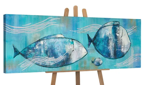 YS-Art Gemälde Reisende Fische, Tiere, Fische auf Leinwand Bild Handgemalt im Meer Familie