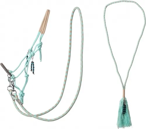 ARBO-INOX Knotenhalfter Zügel Halsring Kombiset - Shetty, Ice-Green - Pferdehalfter-Set mit Knotenhalfter, Zügel und Halsring in trendigen Farben, ideal für Bodenarbeit und gebissloses Reiten. Mit abnehmbaren Perlenanhängern für einen besonderen Look.