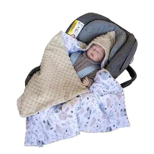 LOOLAY Einschlagdecke Babyschale - Babydecke Autositz 90x90 cm - Fußsack für Autositz Ganzjahresdecke - Minky und Bio-Baumwolle - 3 und 5 Punkt Gurt kompatibel (Hase Beige)