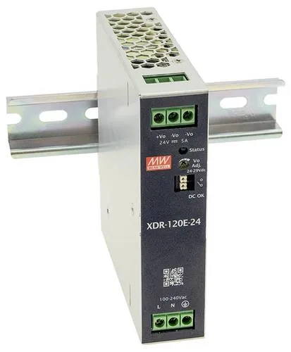 MEAN WELL MW XDR-120E-24 Hutschienen-Netzteil 24V 5A 120W - Ultraflaches und energieeffizientes DIN-Schienen-Netzteil mit 96 % Wirkungsgrad. Ideal für platzsparenden Einsatz und zuverlässige Stromversorgung in industriellen Anwendungen.