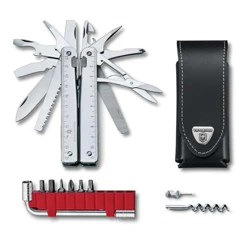 Victorinox Multifunktionstool, Swiss Tool X Plus, Taschen Werkzeug, 38 Funktionen, Kombi-Spitzzange, Feststellklinge, Leder-Etui