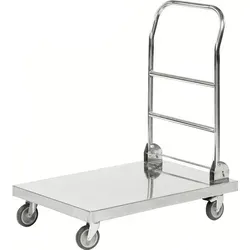 OSWALD Edelstahl-Plattformwagen klappbar - Korrosionsbeständiger Edelstahl-Plattformwagen mit klappbarem Griff und 100 kg Tragfähigkeit, ideal für hygienische Transporte in Gastronomie und Industrie.