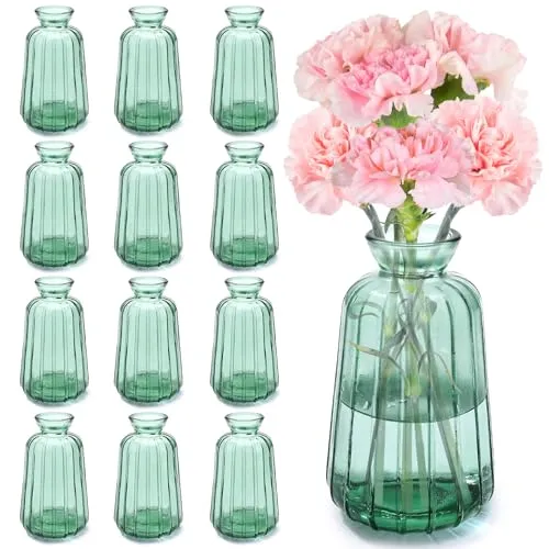 Mexgcom Kleine Glasvasen für Tischdeko, 12 Stück Kleine Glasvasen, Vintage Stil Deko Vasen Set, Mini Vasen für Tischdeko Hochzeit, Grün (12)