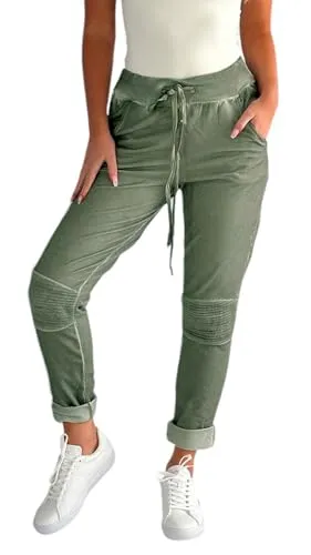 Mississhop 223 Damen Hose Freizeithose Stoffhose Boyfriend Sweatpants im Biker Look mit Bahnendesign am Knie Tunnelzug One Size S M L 36 38 40 Oliv