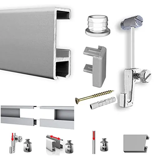 Galerieschienen Bilderschienen Komplett Set weiß – 4 Meter Aufhängesystem - Befestigungen für Bilder: Flexibles und erweiterbares Aufhängesystem für eine einfache und schnelle Bilderwechsel ohne Wandbeschädigung.