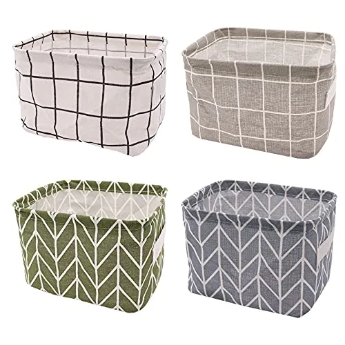 YUNSHANGHE 4 Stück Stoff Aufbewahrungskorb Organizer, Kinder Kleine Leinen Faltbare Aufbewahrungsbox mit 2 Griffen, Ablagekörbe für Desktop Speicher und Haushalts Organizer 20x16x14cm (Plaid-Twill)