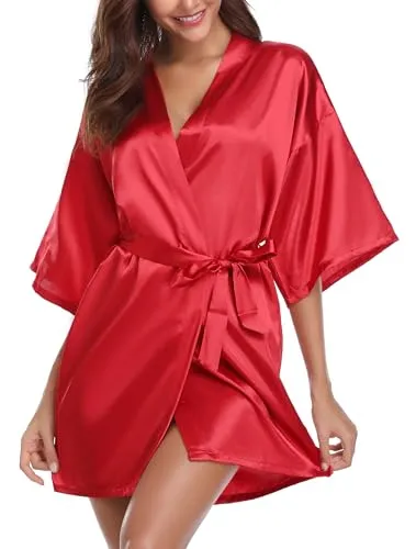 Produktbild Vlazom Kimono Robe Damen Morgenmantel Kurzer Satin Bademantel Mit Gürtel V-Ausschnitt Kimono(S,Rot)