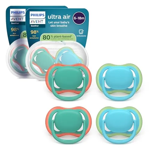 Philips Avent ultra air Schnuller – kiefergerecht geformtes Design, für Babys, 6–18 Monate, weicher, symmetrischer Silikonsauger, BPA-frei, 2 Sterilisationsbehälter, 4er-Pack, SCF087/24