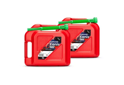 DQ-PP Benzinkanister DQ-PP 2x Kraftstoffkanister mit flexiblem Ausgießer, 10 Liter, Rot, Benzinkanister, Reservekanister, UN-Zulassung Dieselkanister