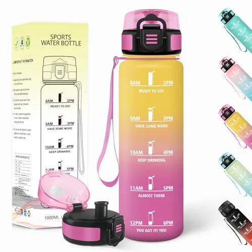 Baramumu Trinkflasche 1l, Auslaufsicher, Trinkflasche Kohlensäure Geeignet, Mit Zeitstempel, Wasserflasche, Sportflasche, für Yoga, Fahrrad, Fitness, Gym, Gelb-Rosa