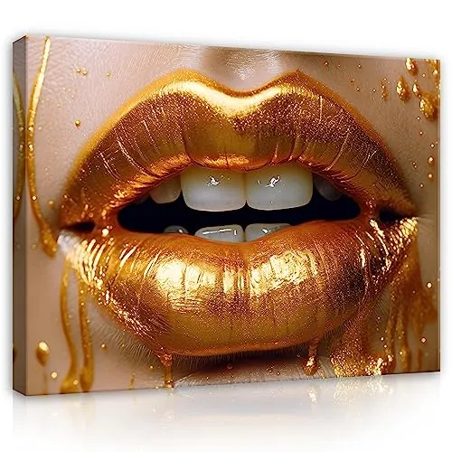 WallArena - Leinwand Bilder - Frau Lippen Gold Abstrakt - 120x80 cm Leinwandbilder - Bild auf leinwand - Wandbild XXL groß Wandbilder für Wohnzimmer Schlafzimmer Wohnzimmerbilder Modern