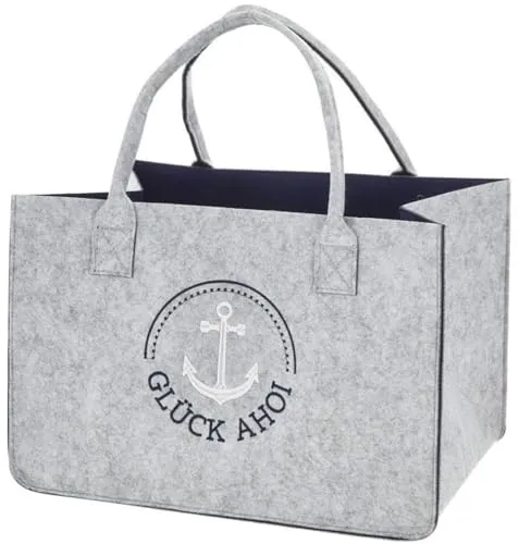 Geschenkestadl Maritime Filztasche Strandtasche Einkaufstasche Tragetasche Aufbewahrung in Grau mit Stickerei Glück Ahoi