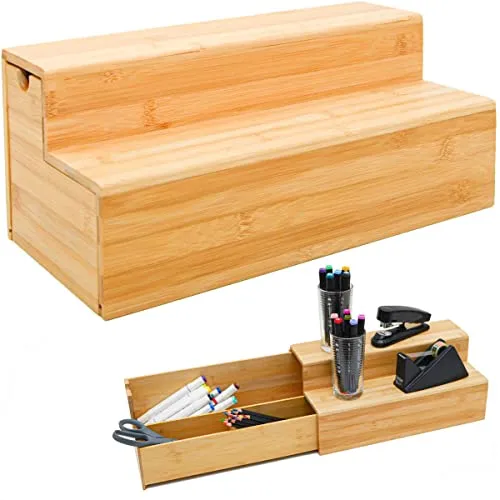DuneDesign Bambus Organizer mit Schublade - 36x17x16 Schubladenbox Holz - Schreibtischorganizer Box