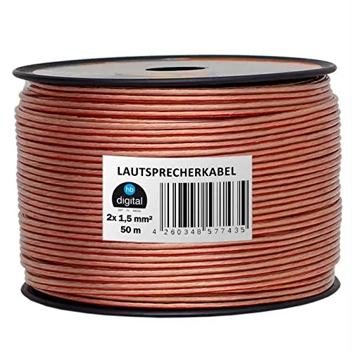 HB-Digital Lautsprecherkabel 2 x 1,5mm² x 50m CCA-Innenleiter PVC- Dielektrikum (transparent) Speaker Cable