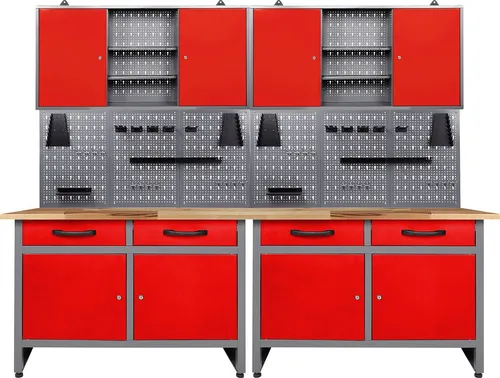 ONDIS24 Werkstatt-Set, 240 cm - Robuste Werkbank mit 4 Schubladen und 8 Türen, abschließbar und verstellbare Füße, ideal für Hobbywerkstätten. Maximale Belastbarkeit von 1120 kg.
