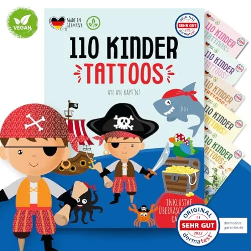 MeinBaby123 110 hautfreundliche Kinder Tattoos mit Piraten, Piraten Tattoo Kinder, Kindertattoos zum Aufkleben, vegan & made in Germany