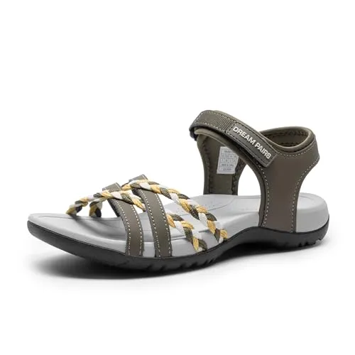 DREAM PAIRS Damen Sportsandalen mit gepolstertem Eva-Fußbett & Rutschfester Gummisohle, Atmungsaktive Outdoor-Sandalen für Strand, Wandern & Alltag,Size 41.5,Khaki,DWUMST2504