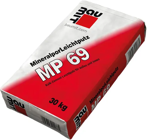 Mineralpor-Leichtputz MP 69 – 30 kg - Hochwertiger Leichtputz für Innen- und Außenanwendungen, ideal für vielseitige Untergründe. Verbrauch von 1 kg pro m² je mm Schichtdicke, für zuverlässige Ergebnisse.
