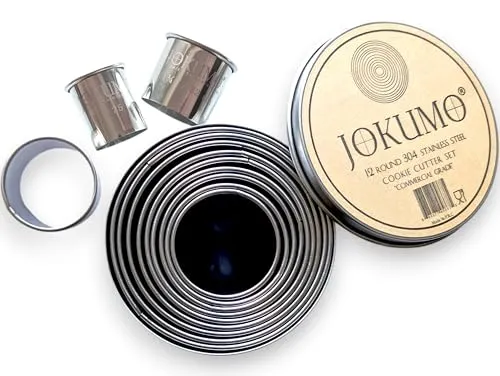 JOKUMO Set aus 12 Stück Einfachen Runden Teig- / Keksausstechern aus hochbeanspruchbarem, handelsüblichem 18/8 304-Edelstahl – matallmarkierte Größe – Perfekt für Kochenthusiasten