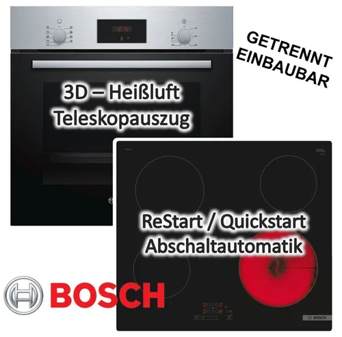 Bosch Herdset mit Backofen und Glaskeramikkochfeld 60 cm - Herdset mit BOSCH Backofen und Glaskeramikkochfeld, 3D-Heißluft für perfekte Backergebnisse und Schnellaufheizung für zeitsparendes Kochen. Ideal für moderne Küchen.