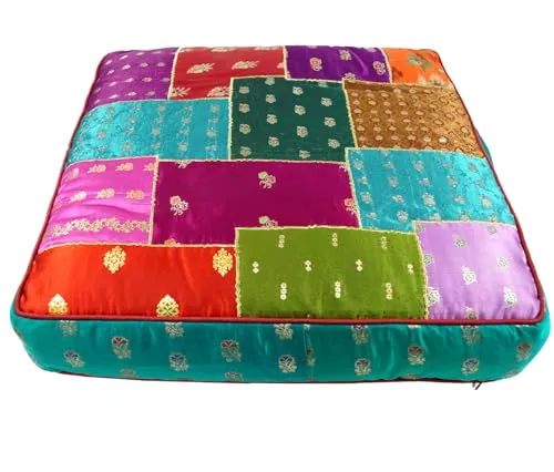GURU SHOP Orientalisches Eckiges Patchwork Kissen 50 cm - Grün, Türkis/bunt - Einzigartiges Bodenkissen aus Brokatstoff mit Baumwollfüllung. Jedes Kissen ist ein Unikat und bietet durch den Reißverschluss die Möglichkeit, die Füllung zu entnehmen. Ideal für kreative Wohnräume ohne Sofa.