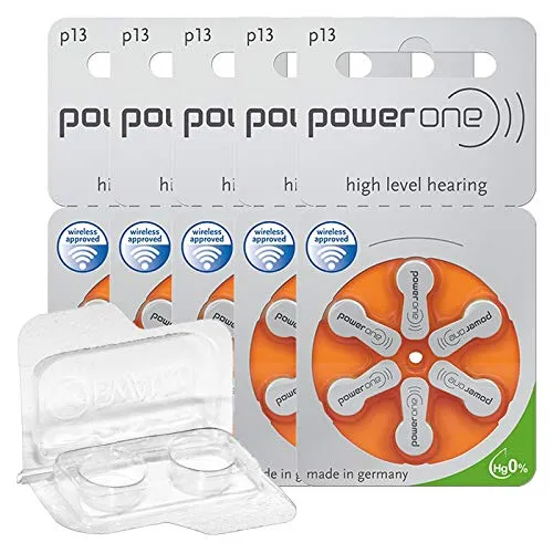 30x Varta Power One 13 Hörgerätebatterien 5x6er Blister PR48 Orange 24606 + Aufbewahrungsbox für 2 Hörgerätebatterien (10, 13, 312, 675), Batteriebox für 2 Knopfzellen bis 12 mm x 6 mm (Ø x H)