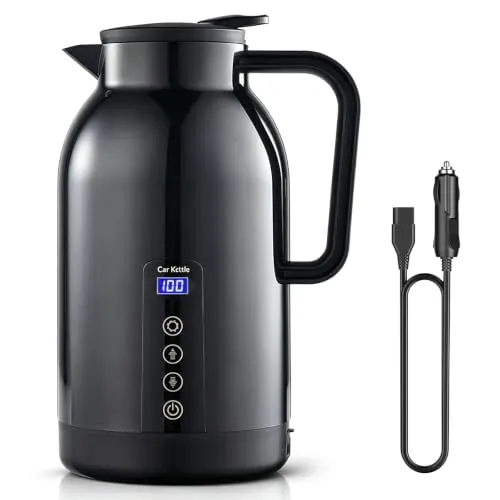 12V/24V Reise Wasserkocher Auto, 1,2 Liter Edelstahl Elektrischer, Mobiler Reisewasserkocher mit Zigarettenanzünder Bis zu 100℃ mit LCD-Anzeige für Heißwasser Kaffee Tee, Auto LKW KFZ Camping