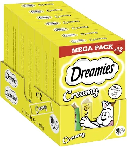 DREAMIES Creamy mit Katzenminze und Käse - 7x12x10g Multipack - Cremige Katzenleckerlis für verwöhnte Katzen, ohne Zuckerzusatz und künstliche Aromastoffe. Unwiderstehlich lecker in verschiedenen Geschmacksrichtungen – ideal für jede verwöhnte Samtpfote!