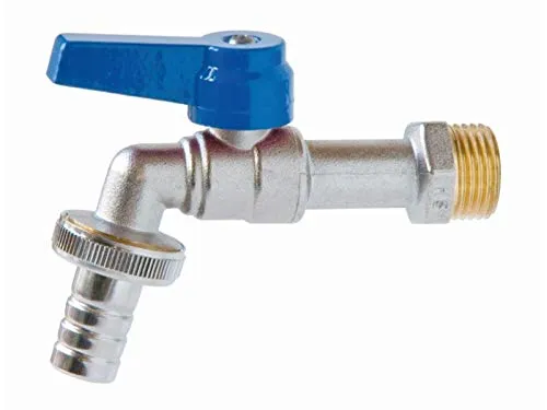 Kugelauslaufventil mit Schlauchanschluss 2301, matt verchromt, Griff blau 3/4 Zoll