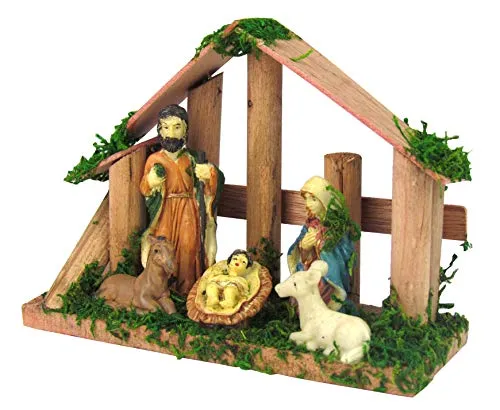 Unbekannt Krippe XL aus Holz, mit Moos verziert und Figuren, 15x11x5cm