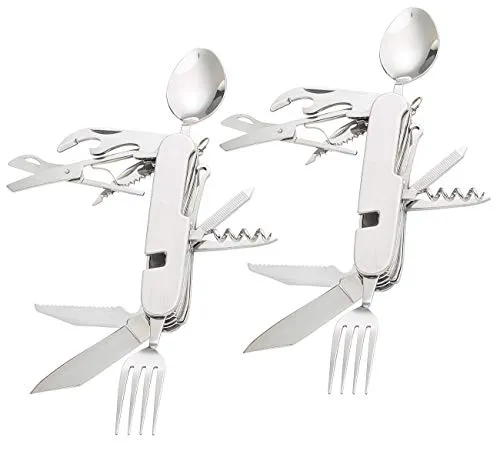 Semptec Urban Survival Technology Löffel: 2er-Set 14in1-Edelstahl-Klappbestecke und Taschenmesser (Multifunktions Klappbesteck, Multitool-Besteck, Tasche)