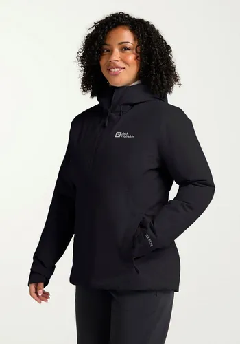 Jack Wolfskin Damen Wisper Ins Jkt W - Isolationsjacke in Schwarz, XS EU - Funktionsjacke mit vorgeformten Ellenbogen, einstellbarem Saum und fest verbundener Kapuze für optimalen Tragekomfort und Schutz bei kaltem Wetter.