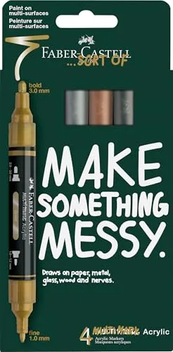 Faber-Castell 186004 - Multimark Acrylic Marker Set, 4 Acrylstifte mit Doppelspitze in Metallic Farben, wasserfest und schnelltrocknend