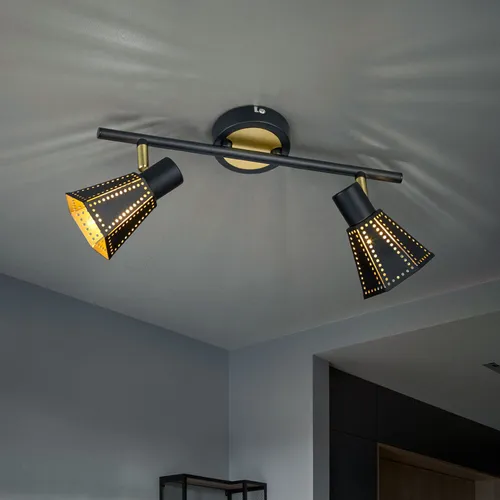 Trio Leuchten Deckenleuchte schwarz-gold, schwenkbar - Elegante Deckenleuchte mit verstellbaren Spots, ideal für Wohnräume, Hotels oder Restaurants. Der schwarz-goldene Lampenschirm mit kleinen Löchern sorgt für stimmungsvolles Licht.