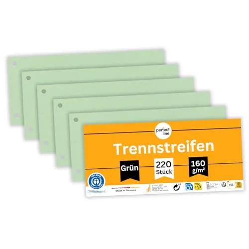 perfect line - 220 Trennstreifen für Ordner A4, Trennblätter aus Recycling-Karton, Farbe Grün, gelocht, Made in Germany, Blauer Engel zertifiziert