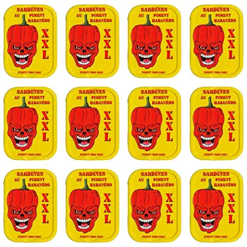 Food-United Fisch – SARDINEN-MIT-HABANERO-CHILISCHOTEN la quiberonnaise sardines filets au piment Habanero 12x 115g pikant-scharfer Geschmack mit Habanero-Schoten in dekorativer Dose