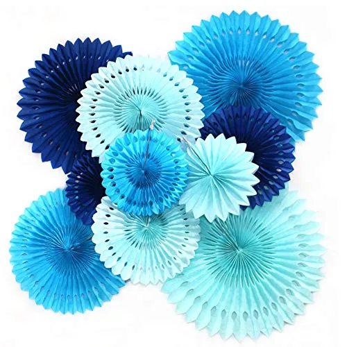 Himeland 10x Blau Papier Fächer Set, PomPoms Tissue Blumen, Hängende Deko für Geburtstag Party Hochzeit Neujahr Baby Shower