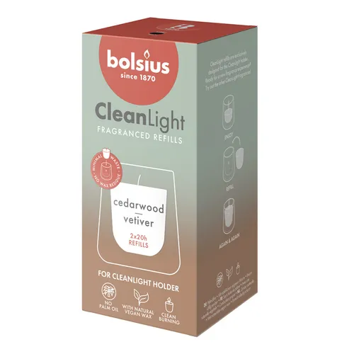 Bolsius - CleanLight Refill - Nachfüllbare Duftkerze - Zedernholz & Vetiver - Nur Nachfüllungen - 2 Stk. - Länge Brenndauer 20 Stunden - Enthält Natürliches Pflanzenwachs - Nachhaltiges Konzept