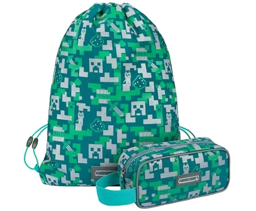 Baagl Minecraft Federmäppchen und Turnbeutel Set 2 Teilig für Jungen und Mädchen, Schule Mäppchen, Gymsack, Federmappe, Schuhbeutel, Federtasche für Teenager, Kinder Etui (Silver Creeper)