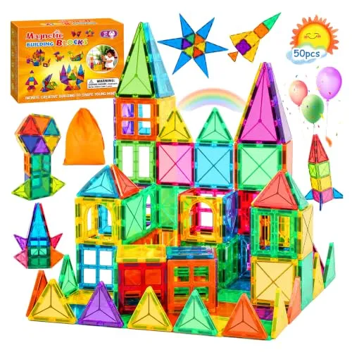 SaiXuan Magnetische Bausteine 50 Stück, Magnetspielzeug Kinder ab 3 4 5 Jahre, Montessori Konstruktionsspielzeug mit Aufbewahrungstasche, Lernspielzeug Geschenk Junge Mädchen