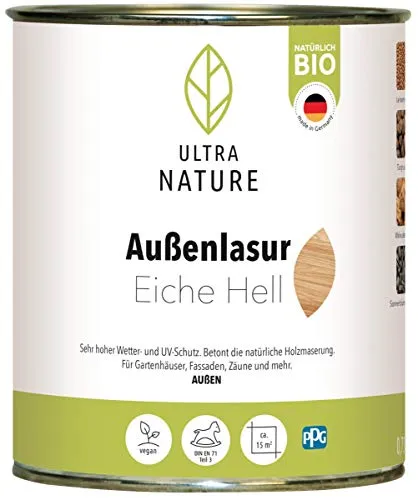 Ultra Nature Außen Lasur 0,75 L - Eiche Hell - Holzschutz für den Außenbereich - 0,75 L Holzschutzlasur in Eiche Hell, ideal für Holzoberflächen im Freien. UV-Lichtbeständig und schützt vor Witterungseinflüssen.