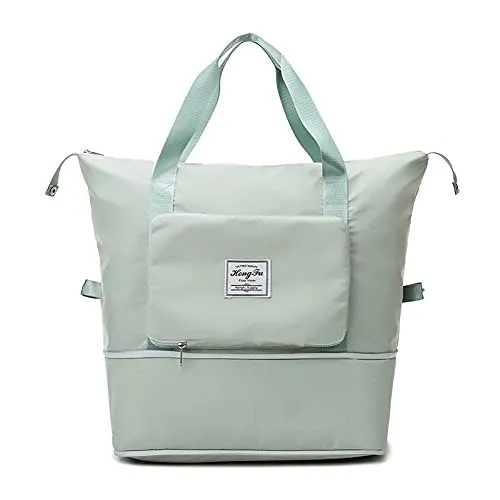 Faltbare Reisetasche mit großem Fassungsvermögen, erweiterbare Reisetasche mit Nassfach und Schuhfach, große Wochenend-Übernachtungstasche für Damen, Handgepäcktasche, grün, 40*23*43CM, Sportlich