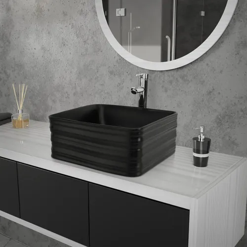 ML-Design Keramik Waschbecken Schwarz matt 39x39 cm - Badezimmer Tischwaschbecken in modernem, quadratischem Design. Die hochwertige Keramik sorgt für Langlebigkeit und einfache Reinigung, während die elegante schwarze Oberfläche einen stilvollen Akzent setzt.