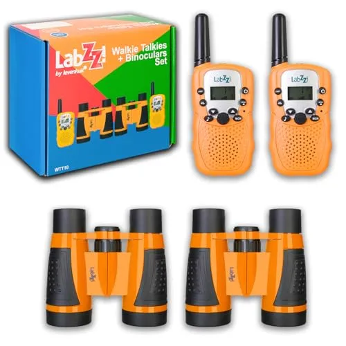 Levenhuk LabZZ WTT10 Kinder-Set – 2 Walkie Talkies mit Taschenlampe & 2 Ferngläser, Spiel- und Abenteuer-Set für Outdoor, Camping, Wandern, Naturerkundung, Kommunikation - Orange