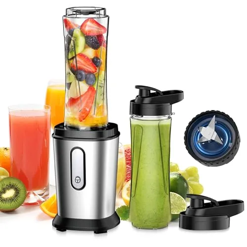 Mixer, 500W Mini Standmixer & Smoothie Maker mit 2x600ml Flaschen BPA frei Tritan, Tragbarer Mixer Smoothie Maker aus Edelstahl 4-Blatt für Shake, Smoothie, Silber (Silber und Schwarz)