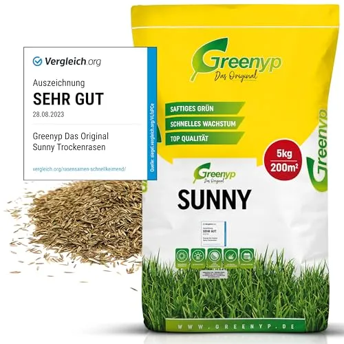 Greenyp® Sunny I Dürre-Resistenter Trockenrasen - Gräsersamen & -pflanzen, pflegeleichter Rasen für trockene Böden, schnellkeimend mit ersten Ergebnissen nach 2 Wochen.
