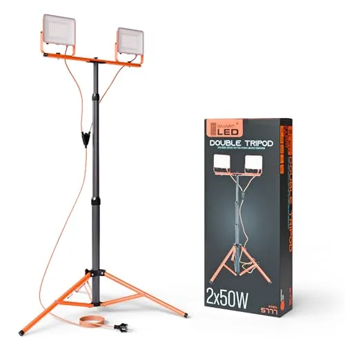 SmartLED Baustrahler Arbeitsstrahler mit Stativ 2x50W, 2x5500 Lumen, Orange, 1,60 m Einstellbar Teleskopisch, 360° Grad Drehung, 180 cm Kabel, IP65